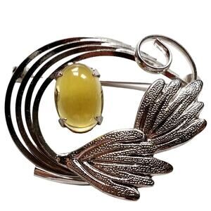 Brushed Silver Leaf Brooch Abstract Faux Yellow Glass Topaz Pin Vintage 1970s